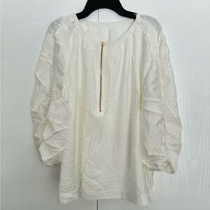 Chic Oversized Cream Blouse with Gold Zipper Ruched 3/4 long sleeve Size Medium